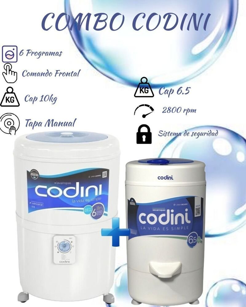 Combo Codini (Lavarropas Codini de 10 Kg + Secarropas Codini 6.5kgs)